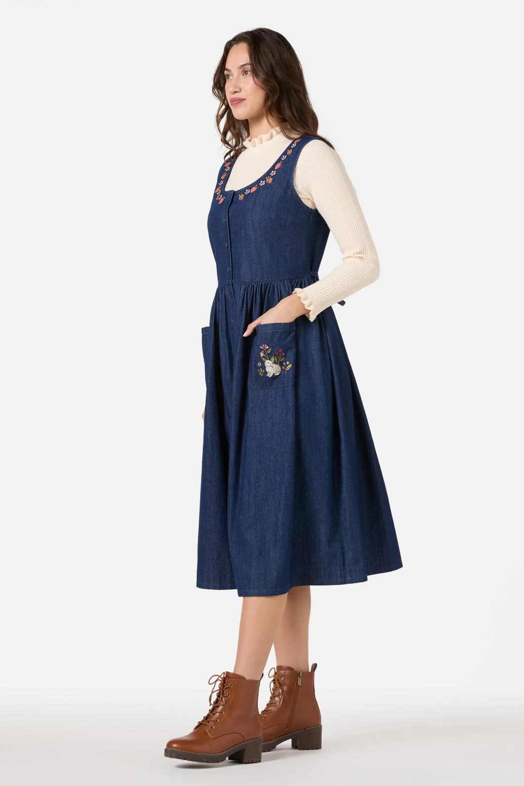 Rabbit Embroidered Denim Dress - Olabens