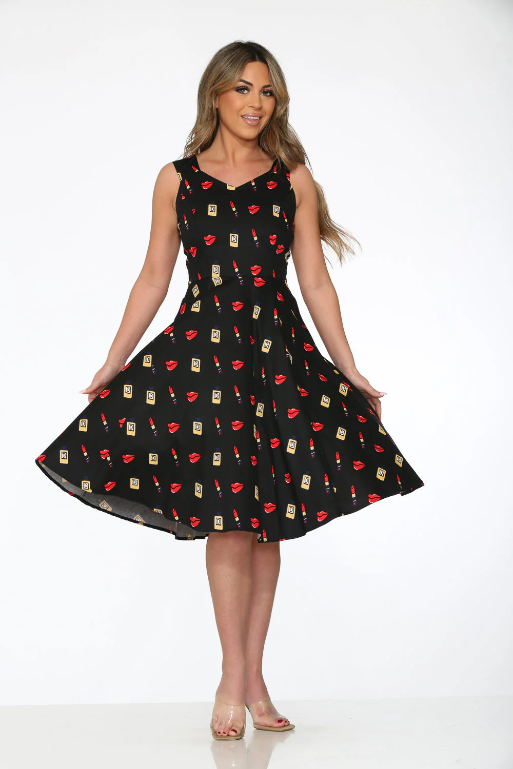 Black Red Lipstick Swing Dress - Olabens