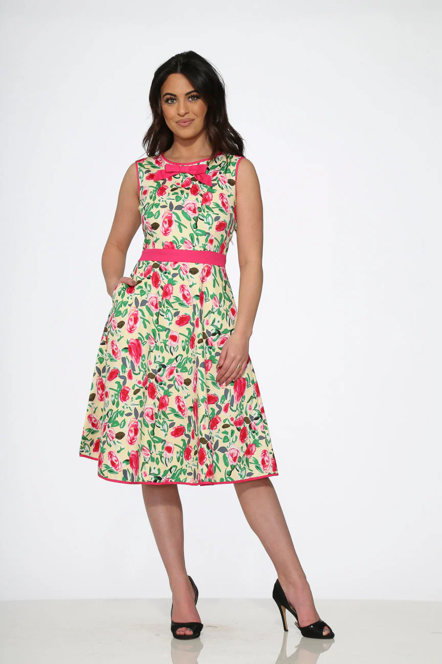 Yellow and Red Rose Swing Dress - Olabens