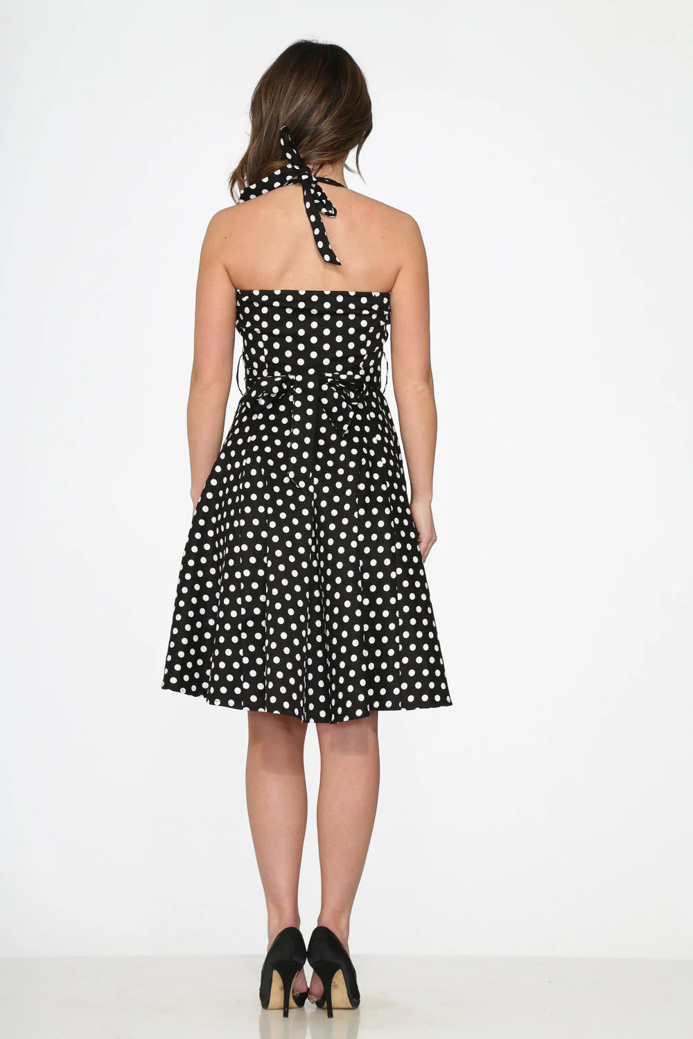 Black & White Polka Dot Halter Swing Dress - Olabens