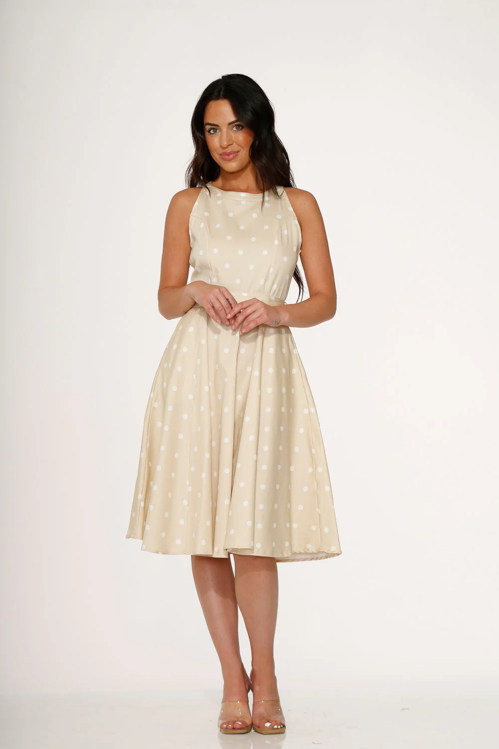 Beige & White Polka Dot Swing Dress - Olabens
