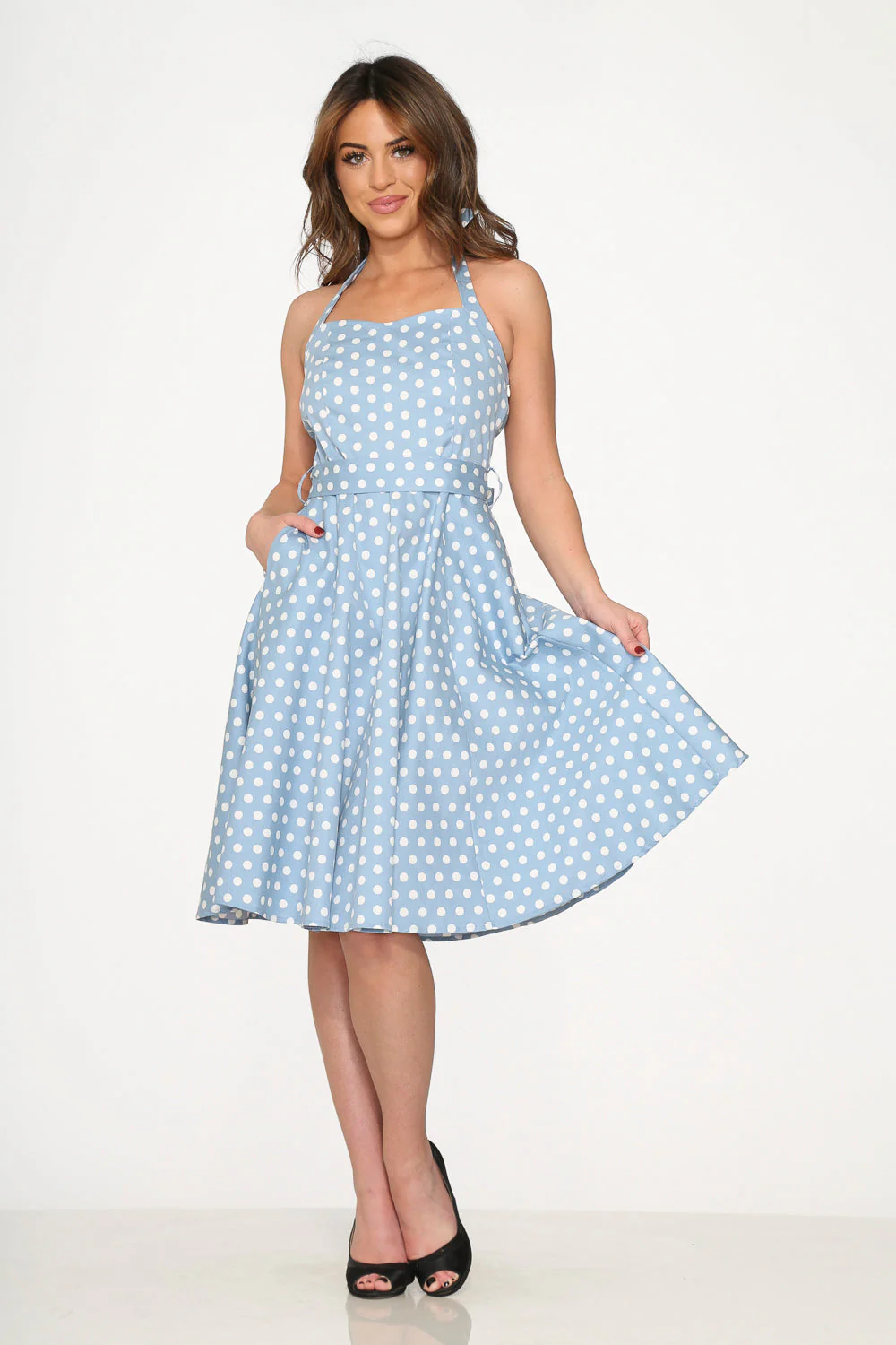 23235 Light Blue White Polka Dot Swing Dress - Olabens