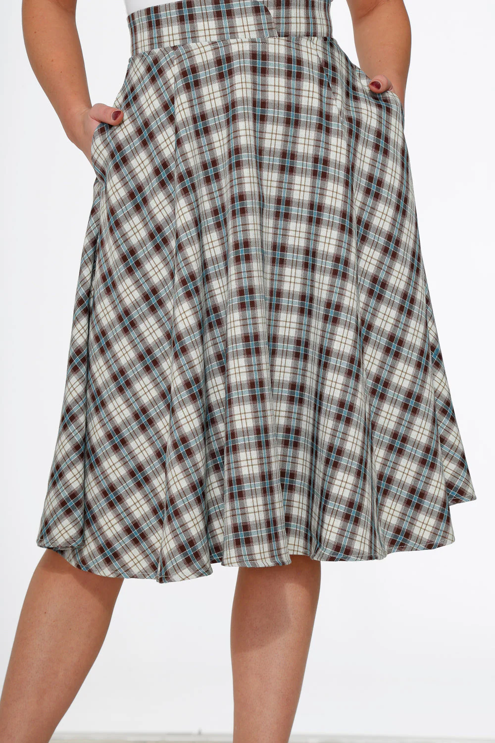 White & Brown Plaid Swing Skirt - Olabens