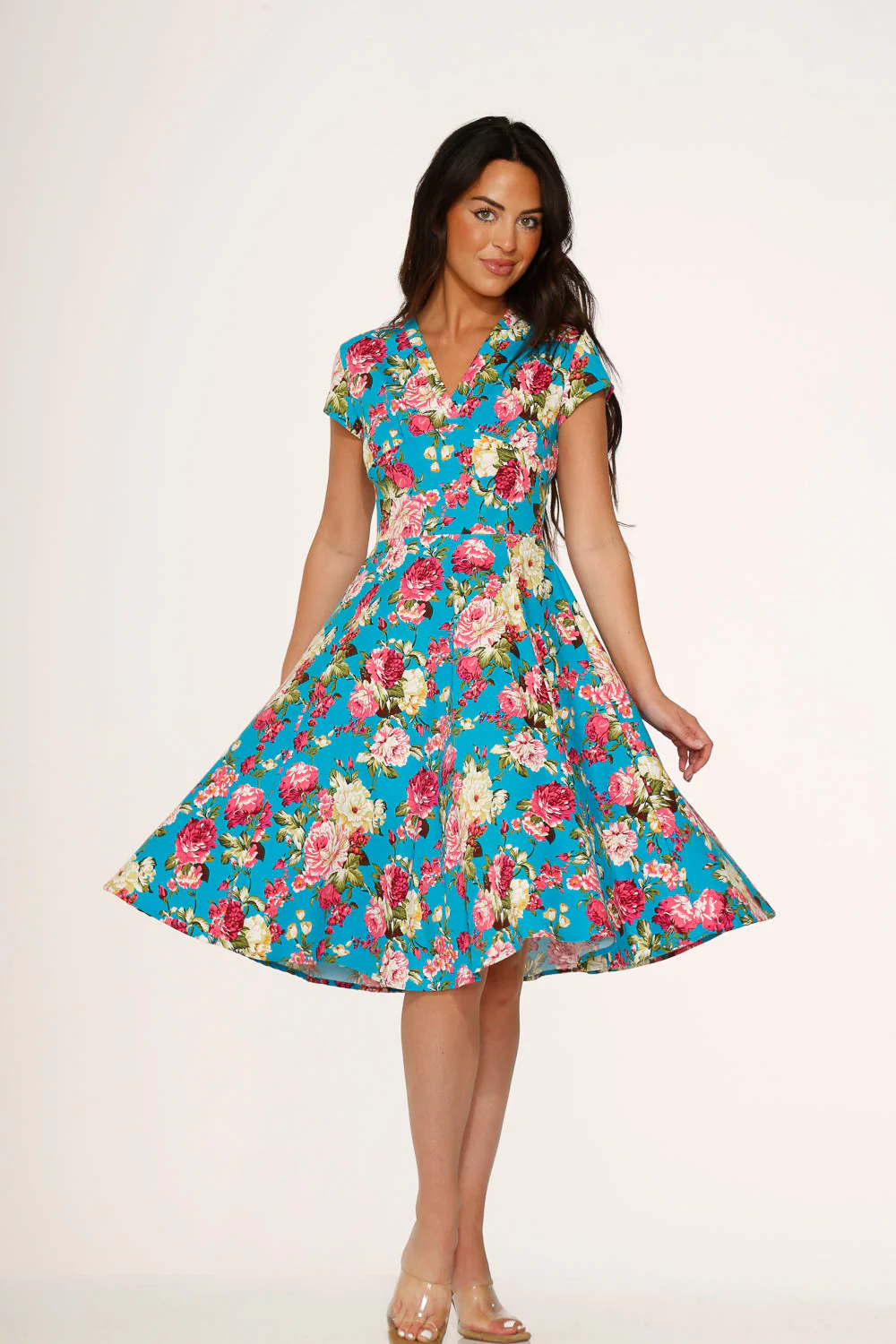 Blue & Pink Floral Swing Dress - Olabens