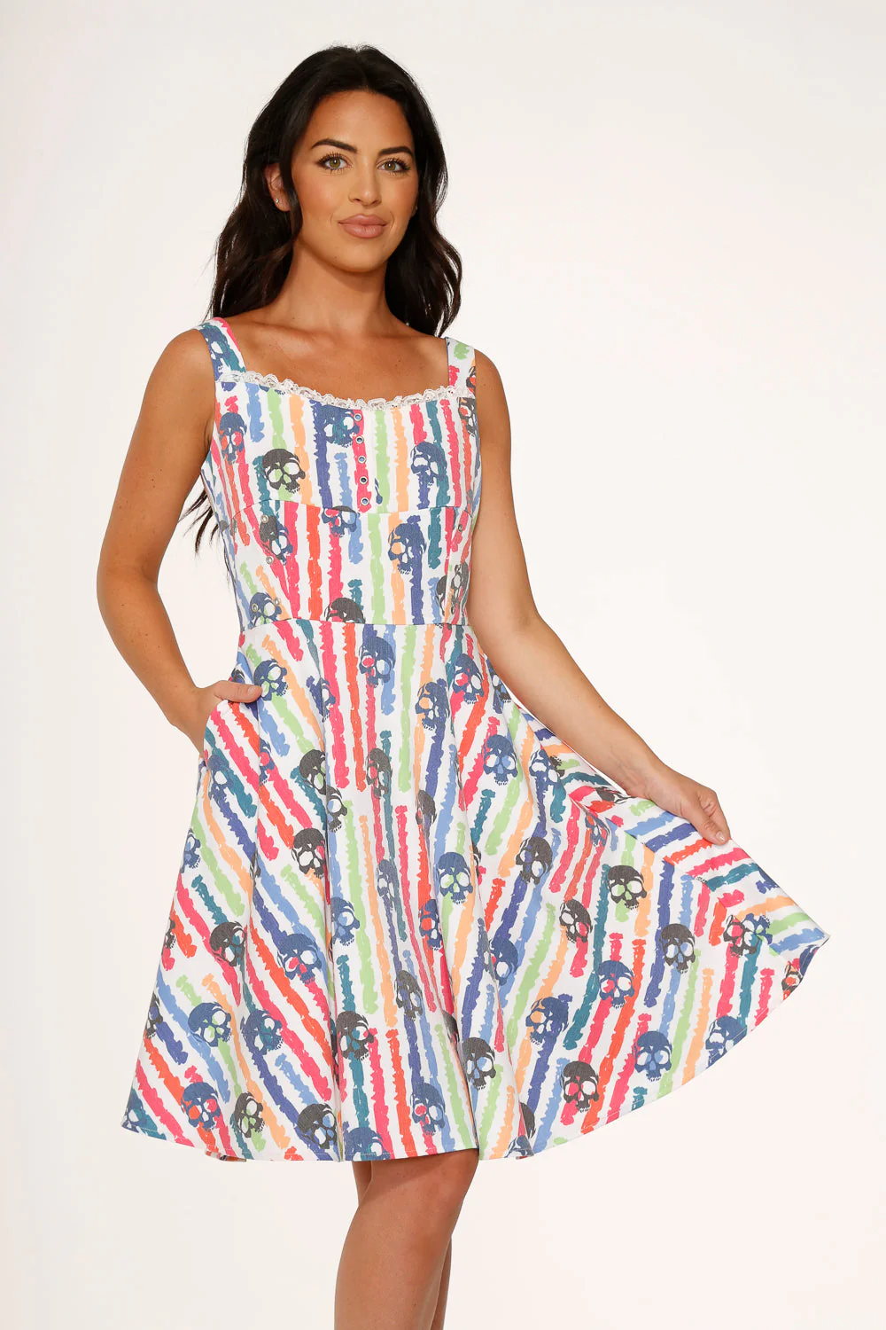 White Skulls Rainbow Swing Dress - Olabens