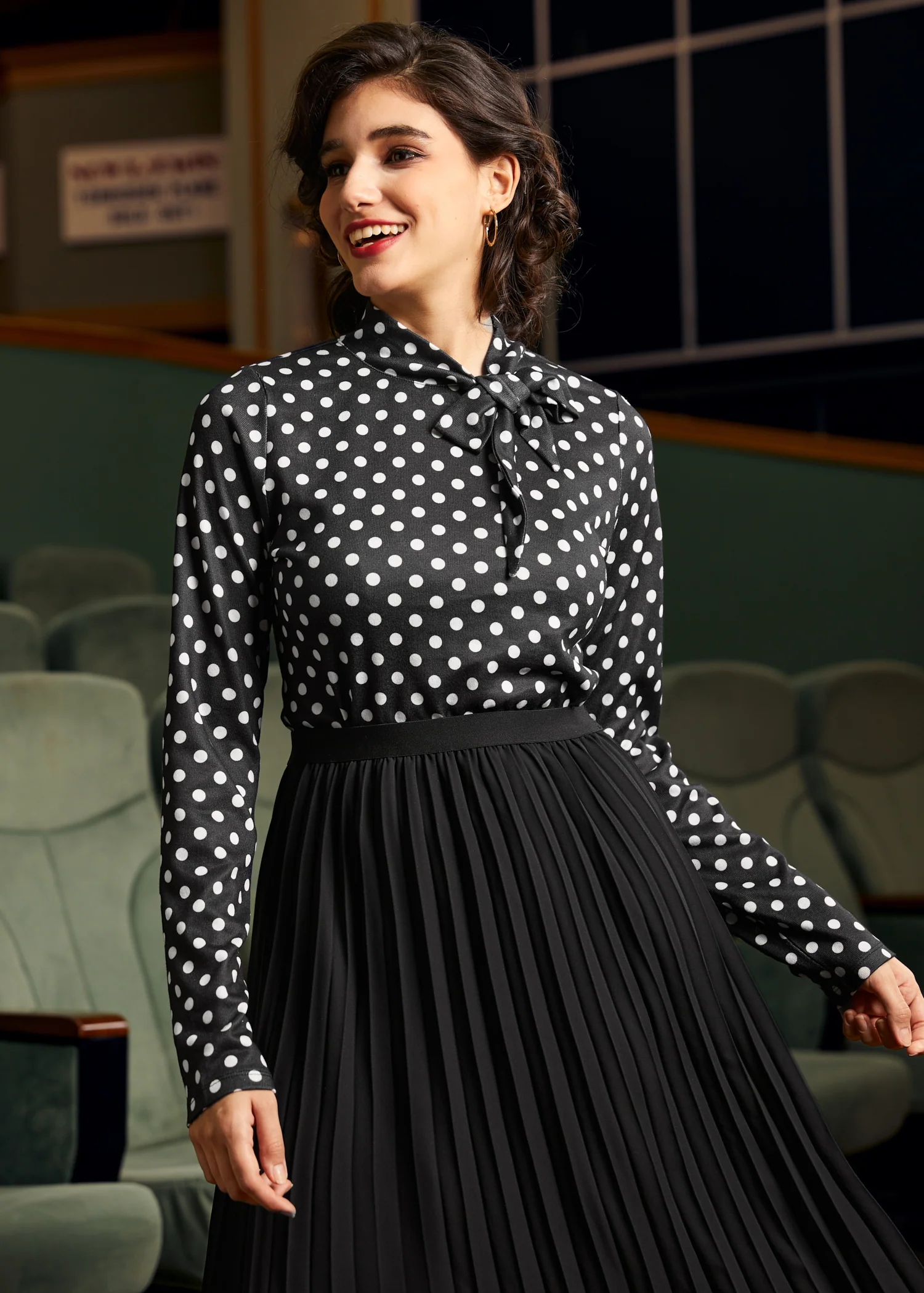 Rydell High Revisited Long Sleeve Tie-Neck Top - Olabens