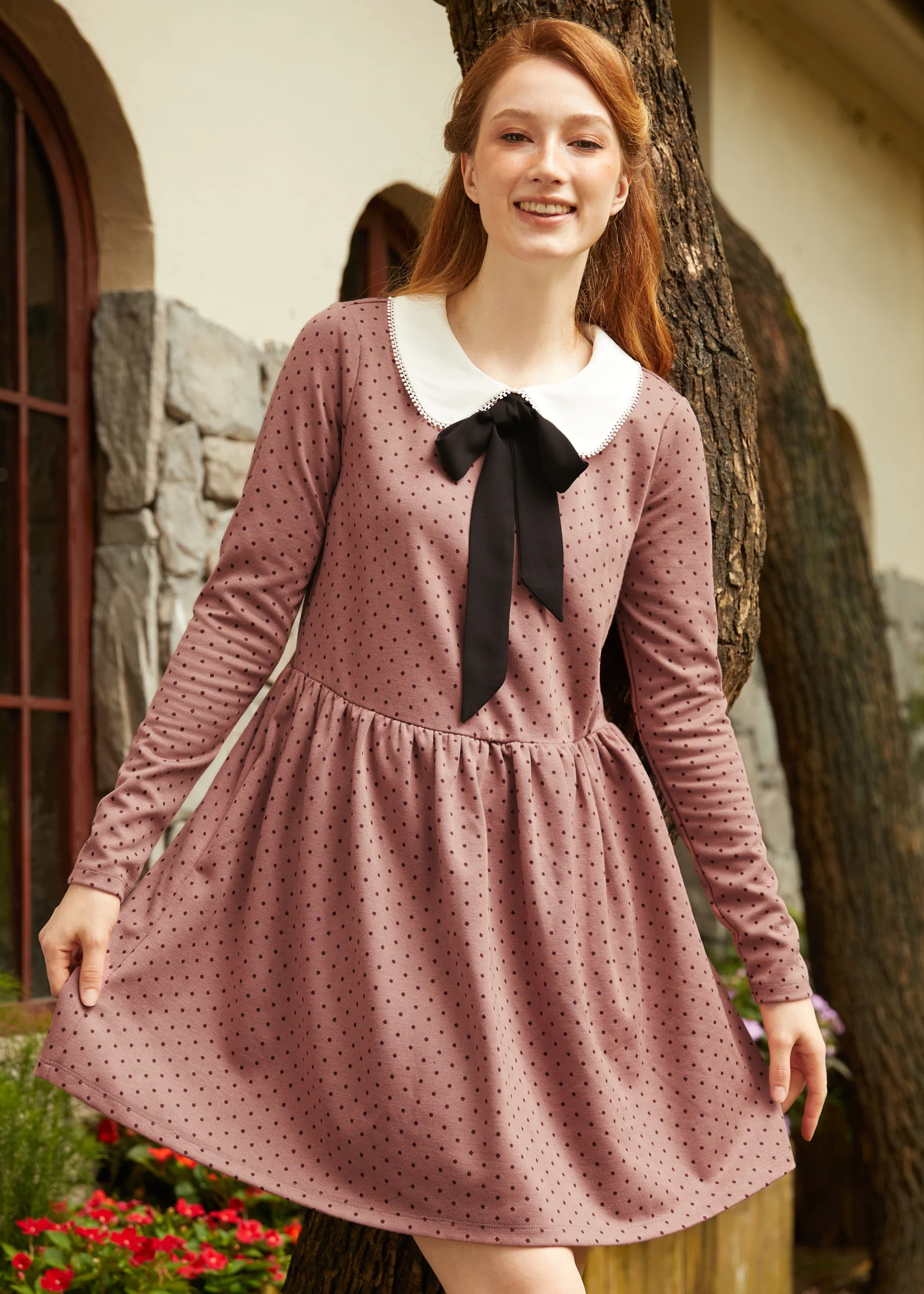 Couture Curtsy Long Sleeve Collar Dress - Olabens