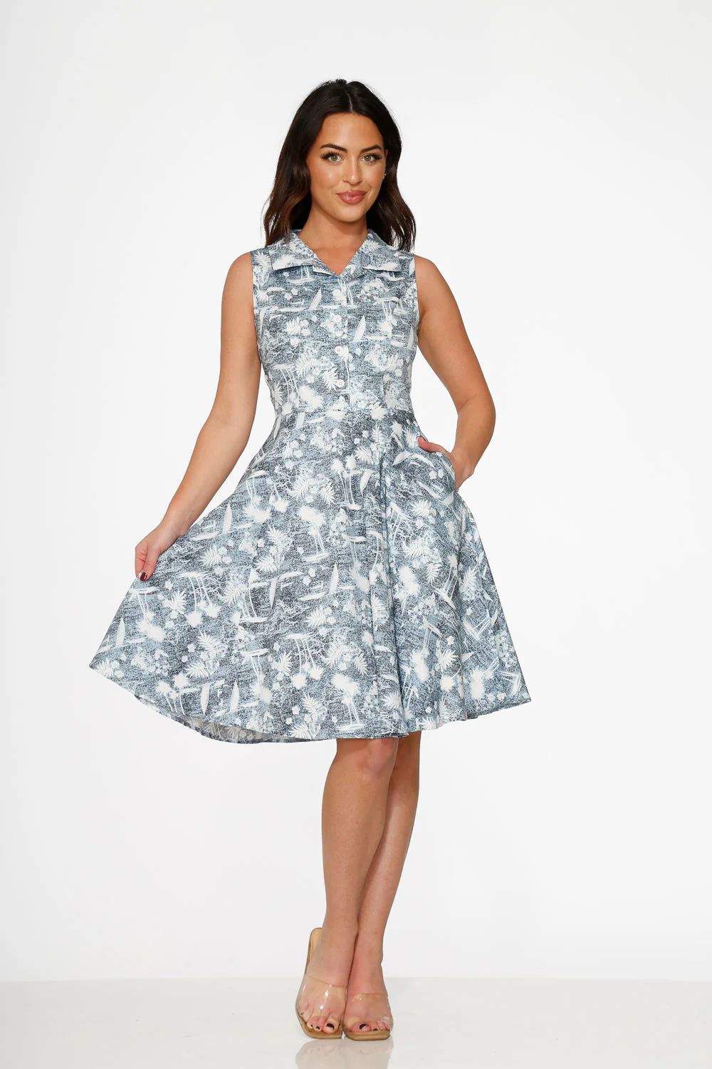 Blue Hawaiian Palm Tree Print Swing Dress - Olabens
