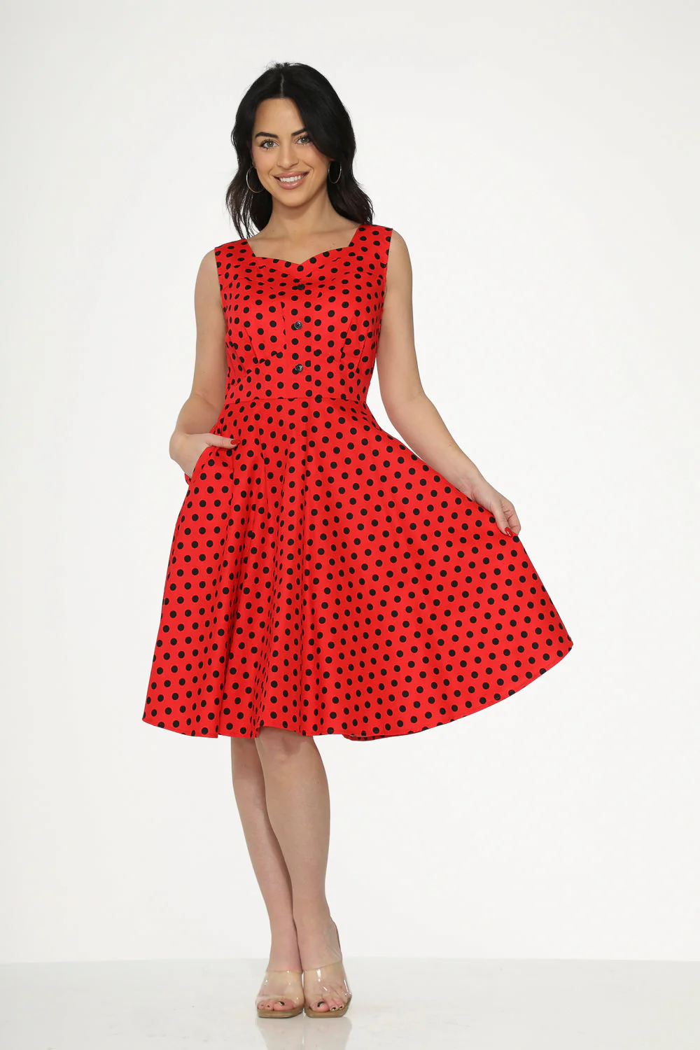 Red Black Polka Dot Swing Dress - Olabens