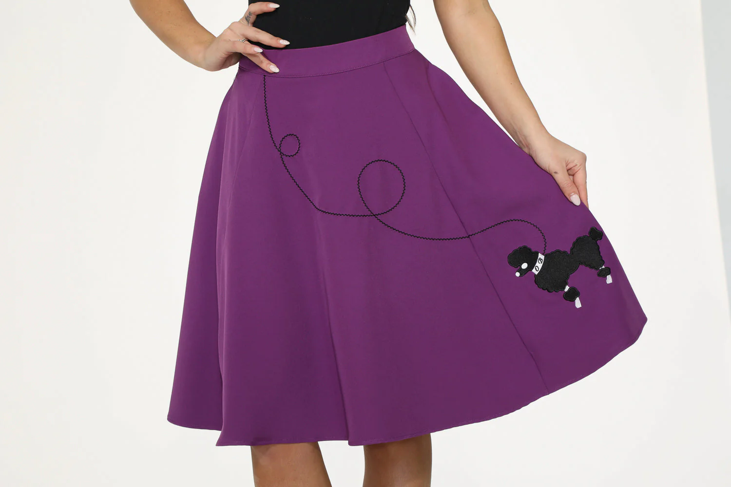 Purple Black Embroidered Poodle Swing Skirt - Olabens