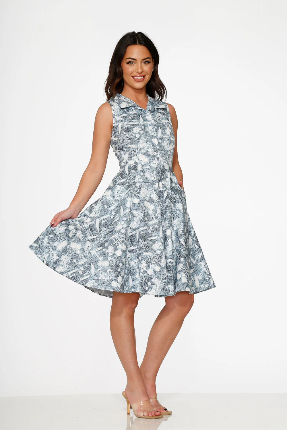 Blue Hawaiian Palm Tree Print Swing Dress - Olabens