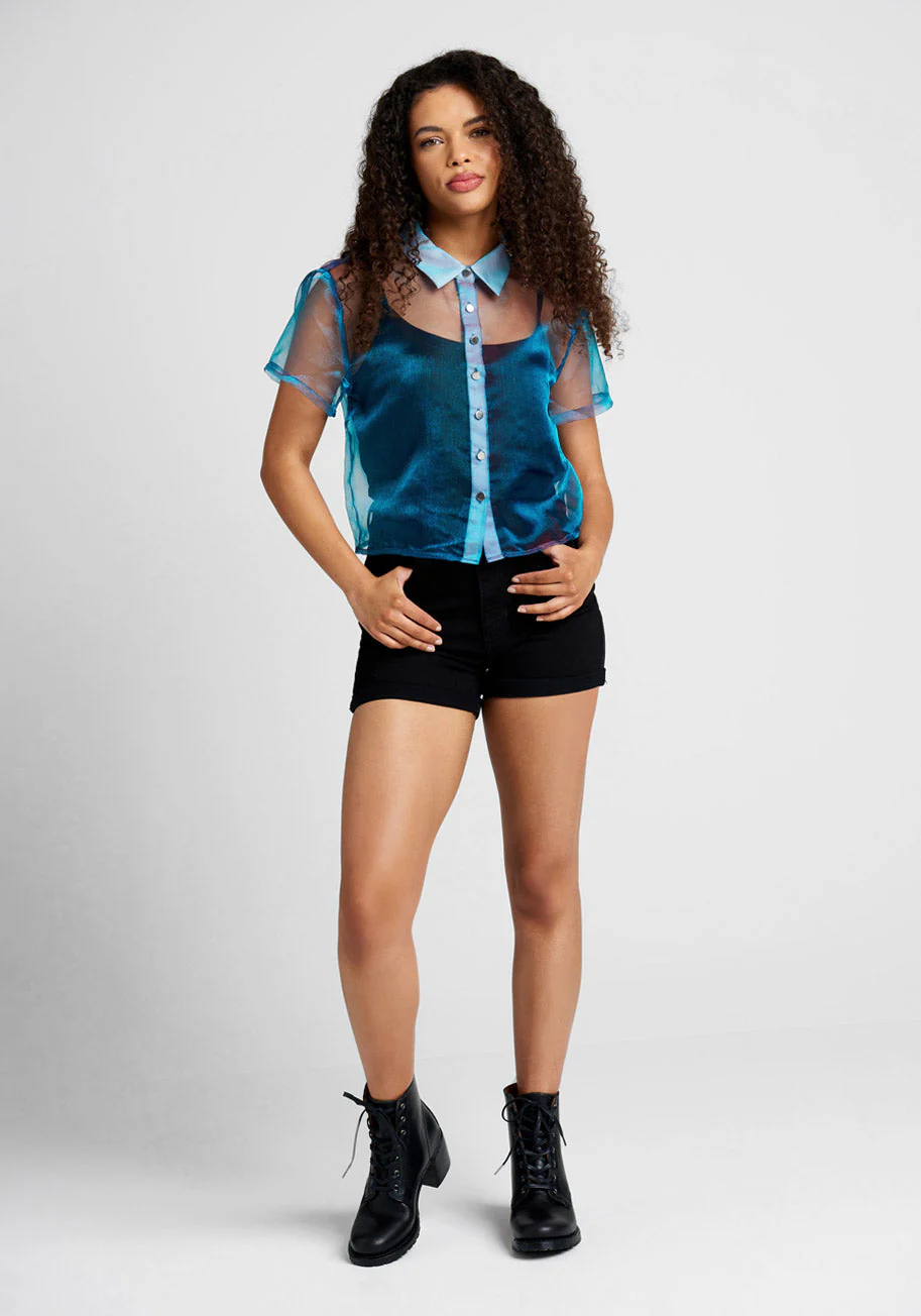 Synchronized Shimmer Button-Up Blouse - Olabens