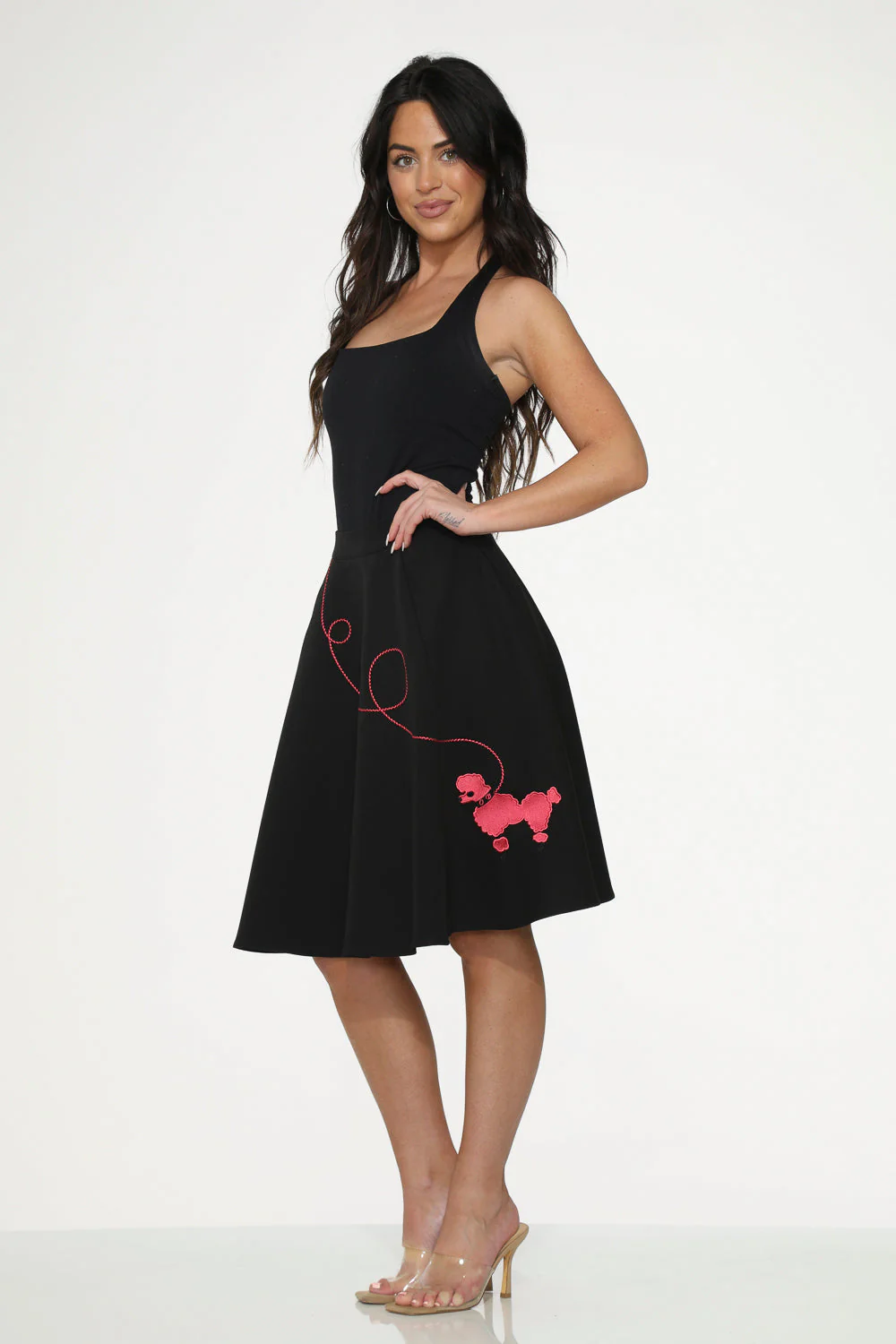 Black Hot Pink Embroidered Poodle Swing Skirt - Olabens
