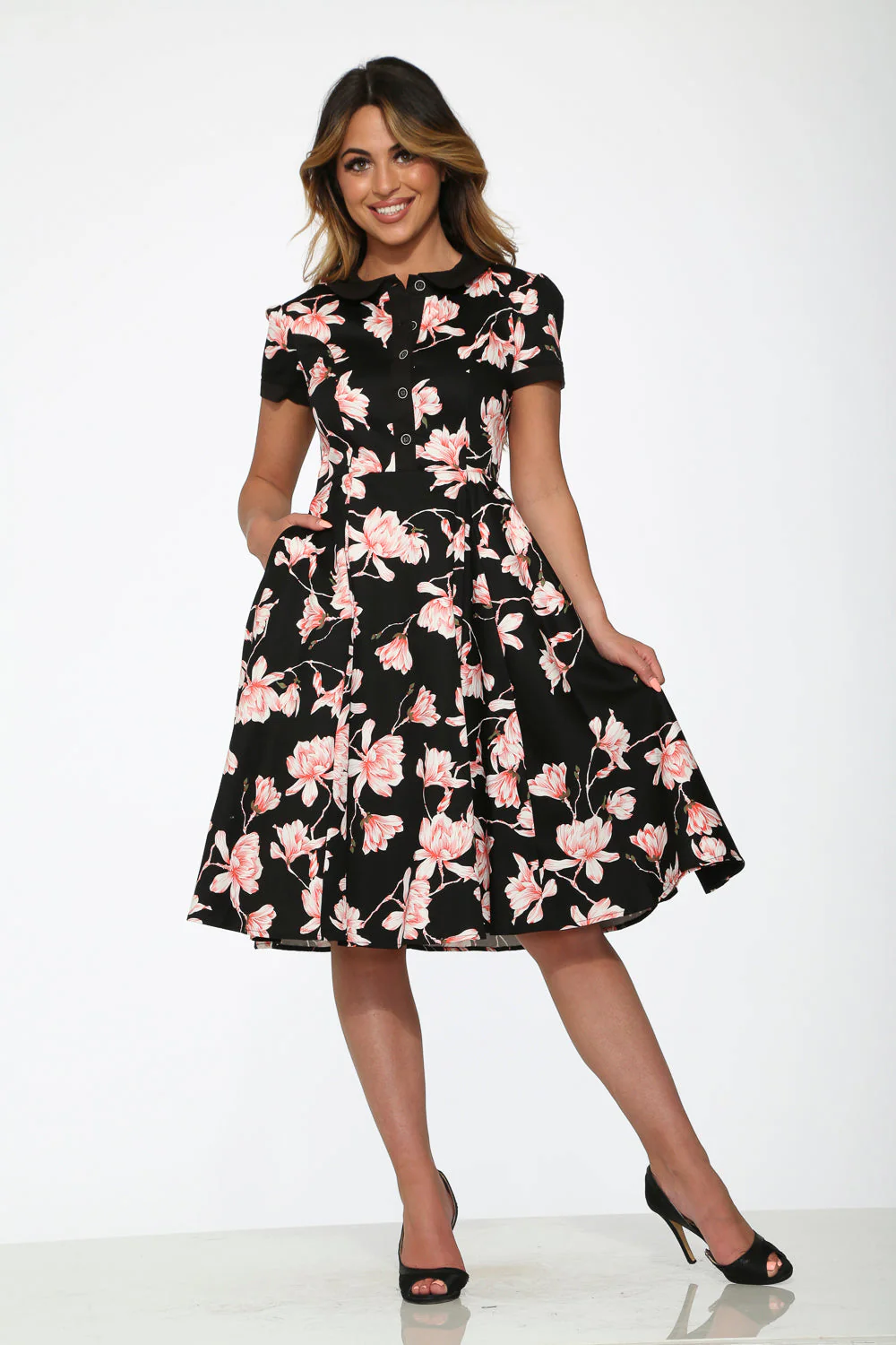 Black & Pink Floral Swing Dress - Olabens