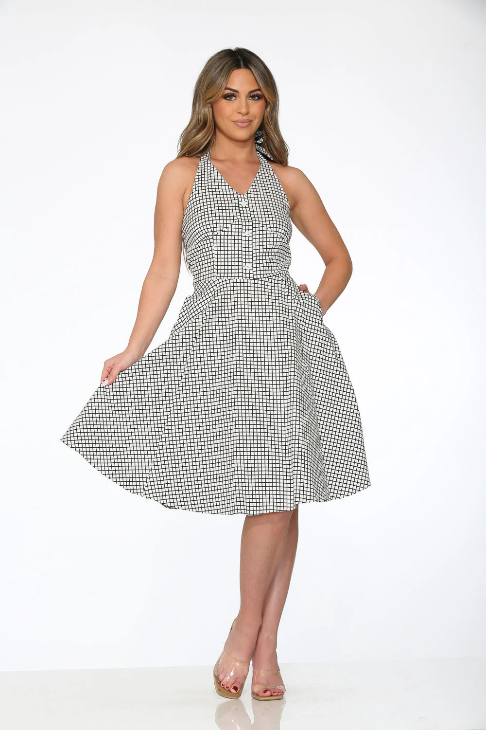 White & Black Checkmate Halter Swing Dress - Olabens