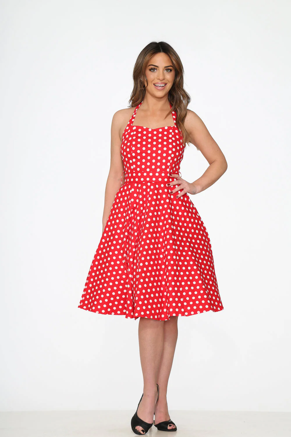 23231 Red White Polka Dot Halter Dress - Olabens