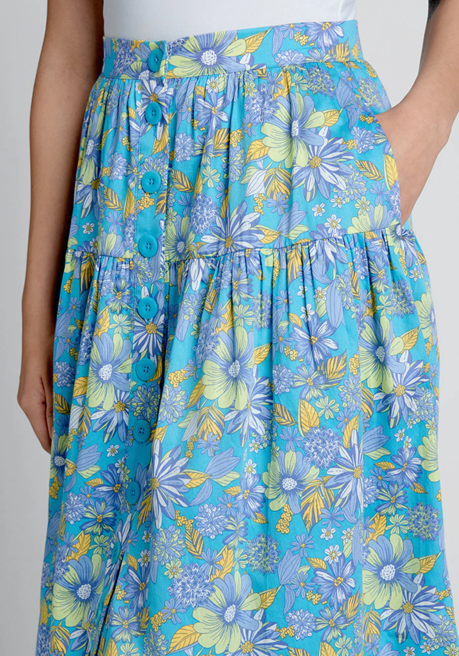 Daisies At Nightfall Tiered Midi Skirt - Olabens