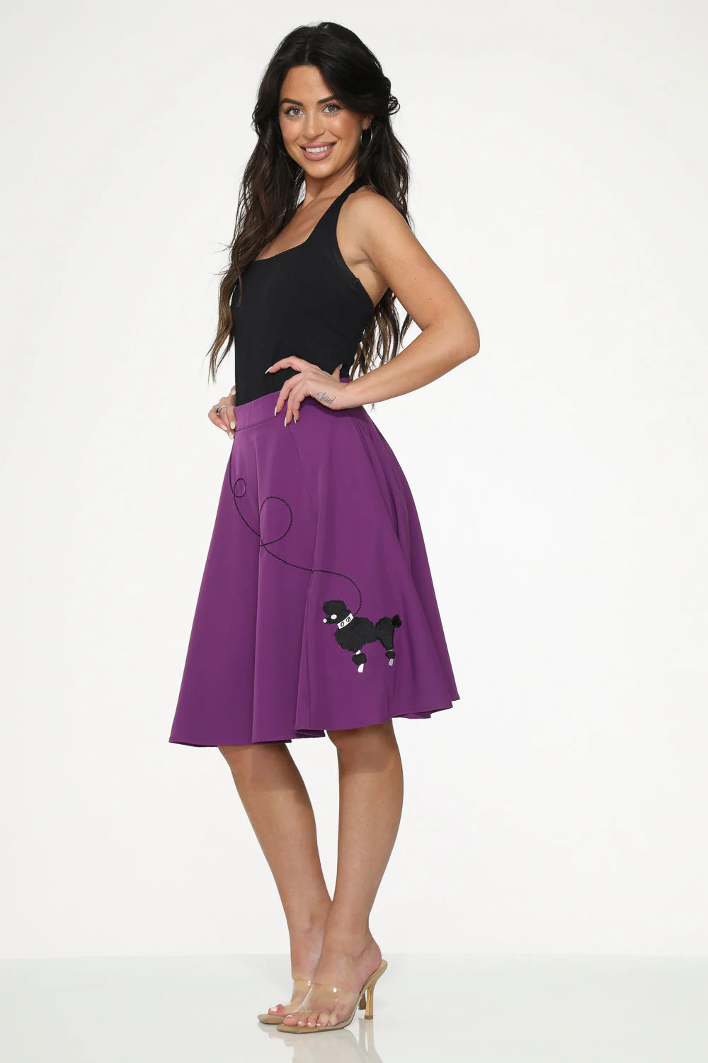 Purple Black Embroidered Poodle Swing Skirt - Olabens