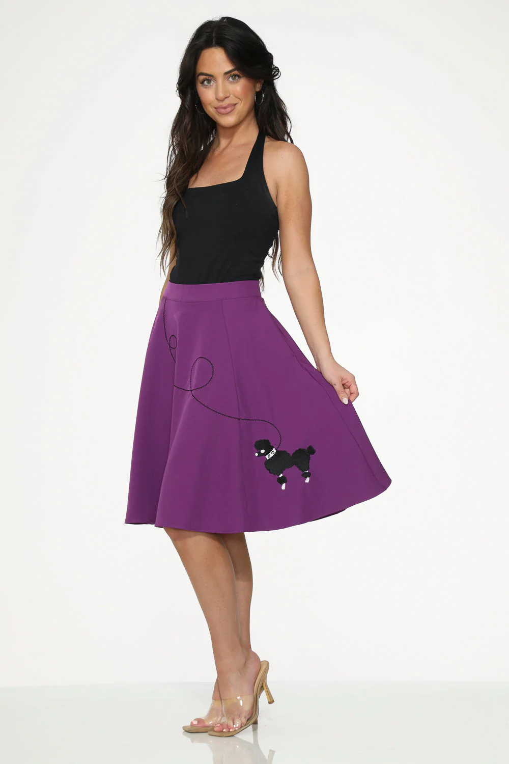 Purple Black Embroidered Poodle Swing Skirt - Olabens