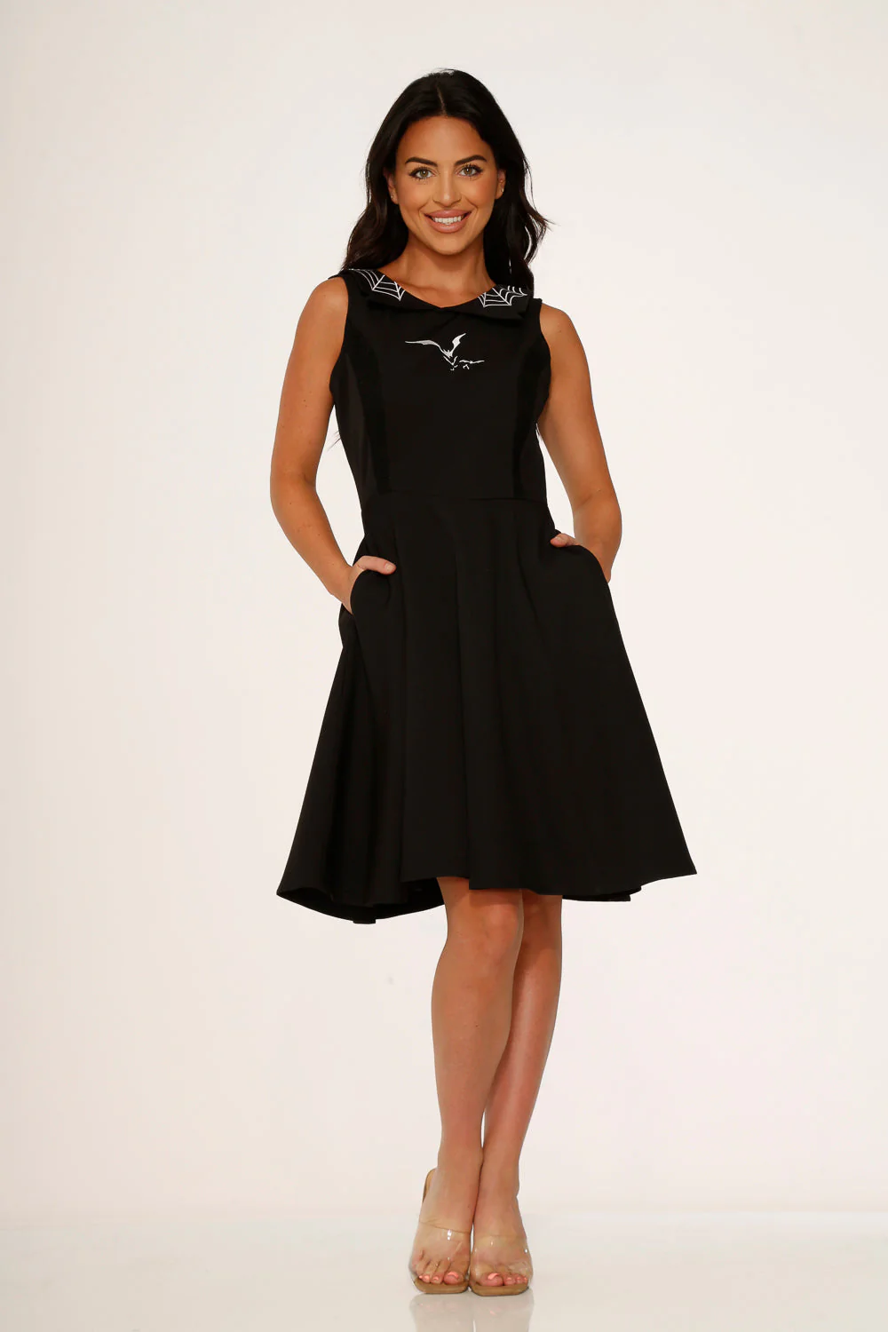 Black Bat Embroidered Swing Dress - Olabens