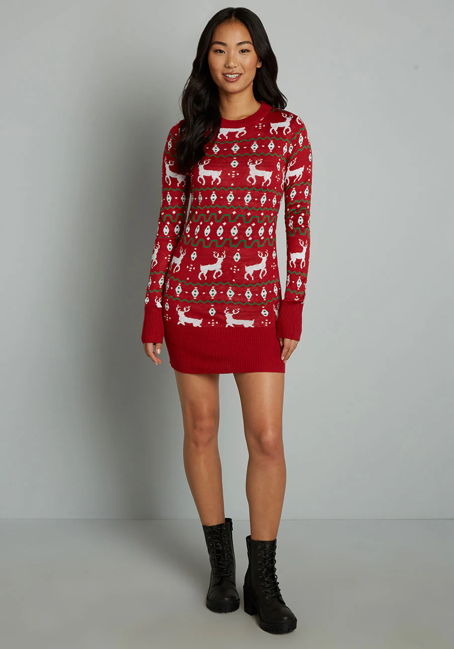 Reindeer On Parade Sweater Dress - Olabens