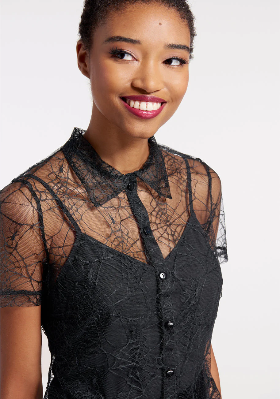 What a Tangled Mesh Button-Up Top - Olabens