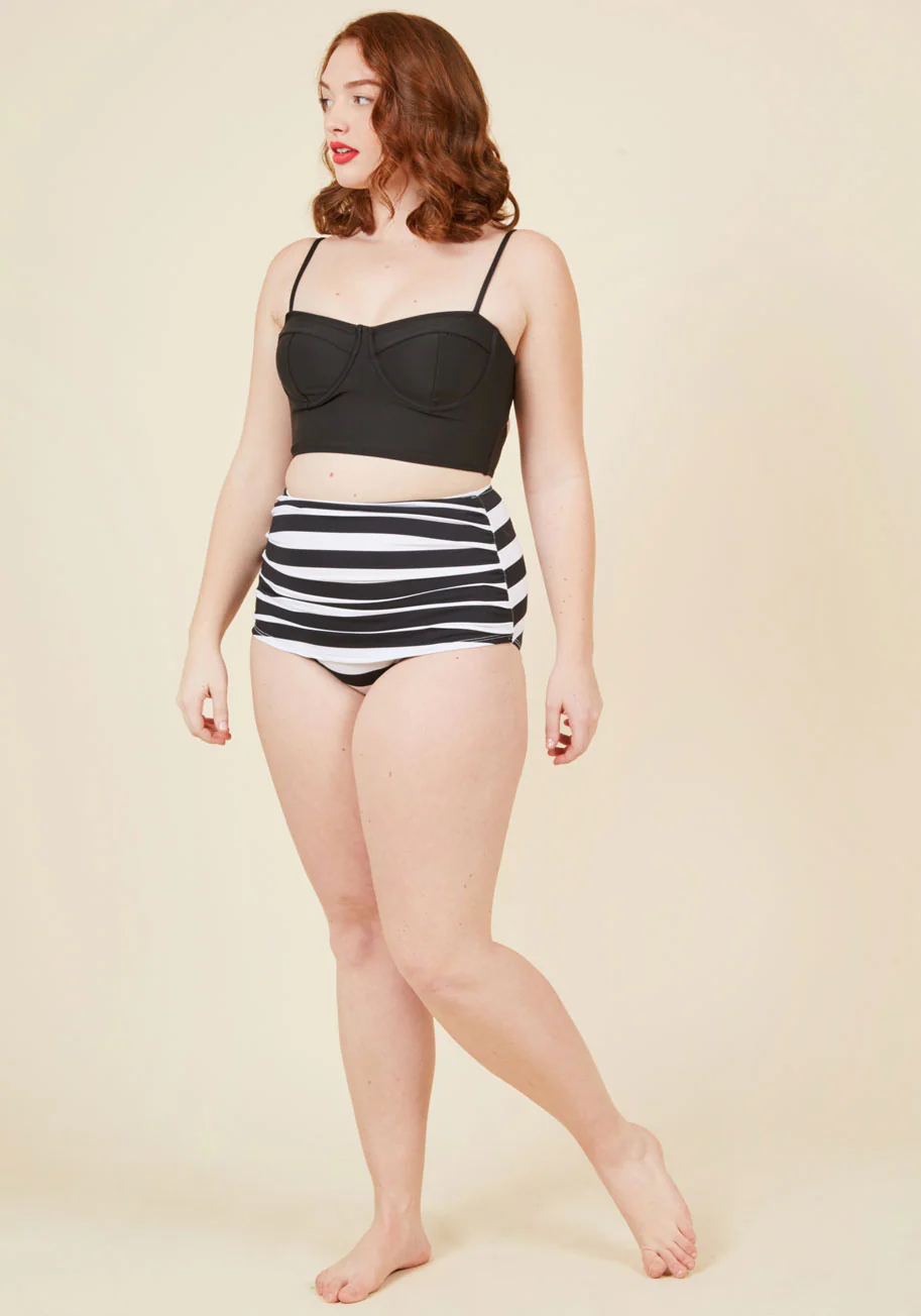 Bathing Beauty High-Waisted Bikini Bottom in Black Stripes - Olabens