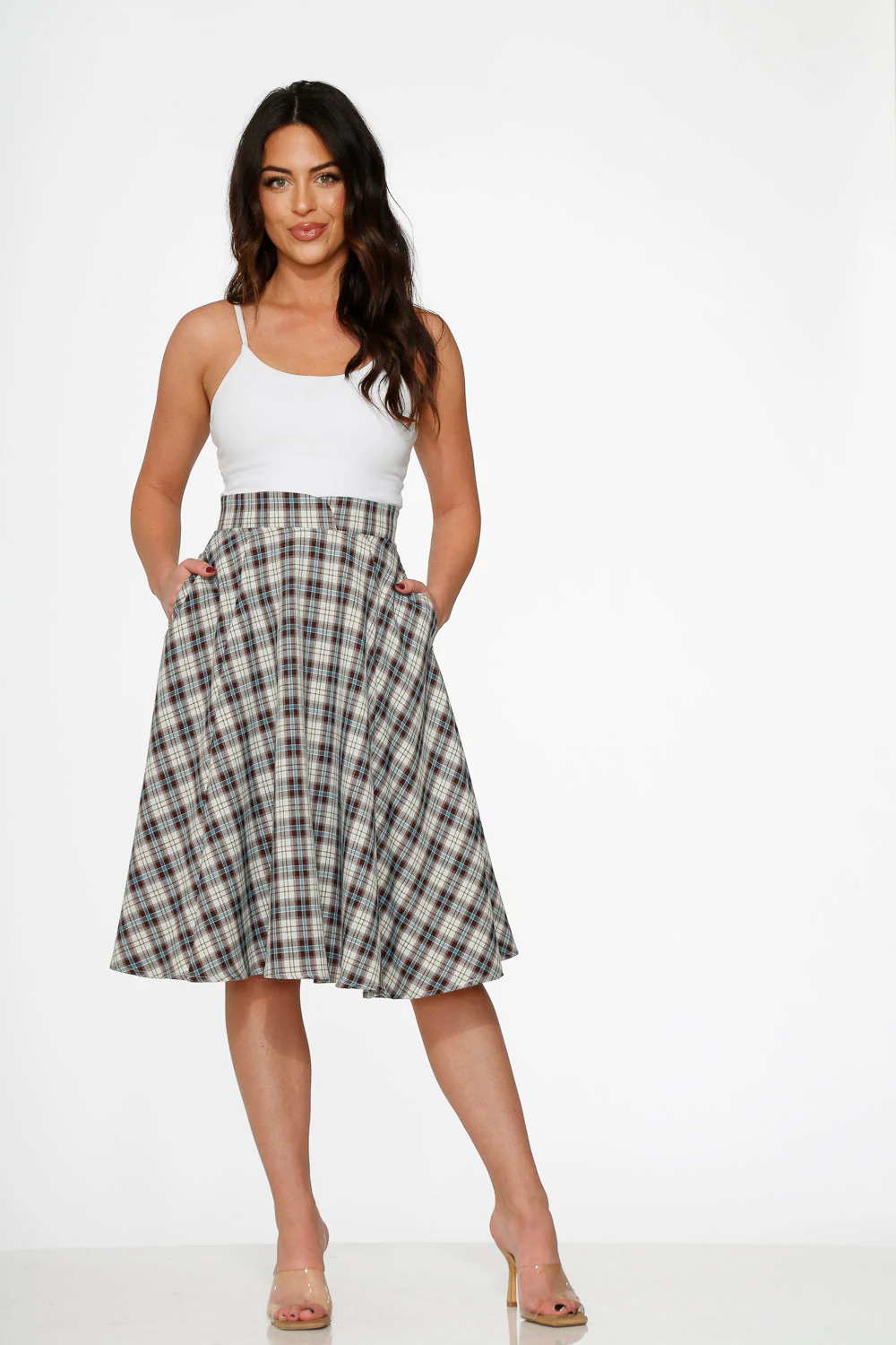 White & Brown Plaid Swing Skirt - Olabens