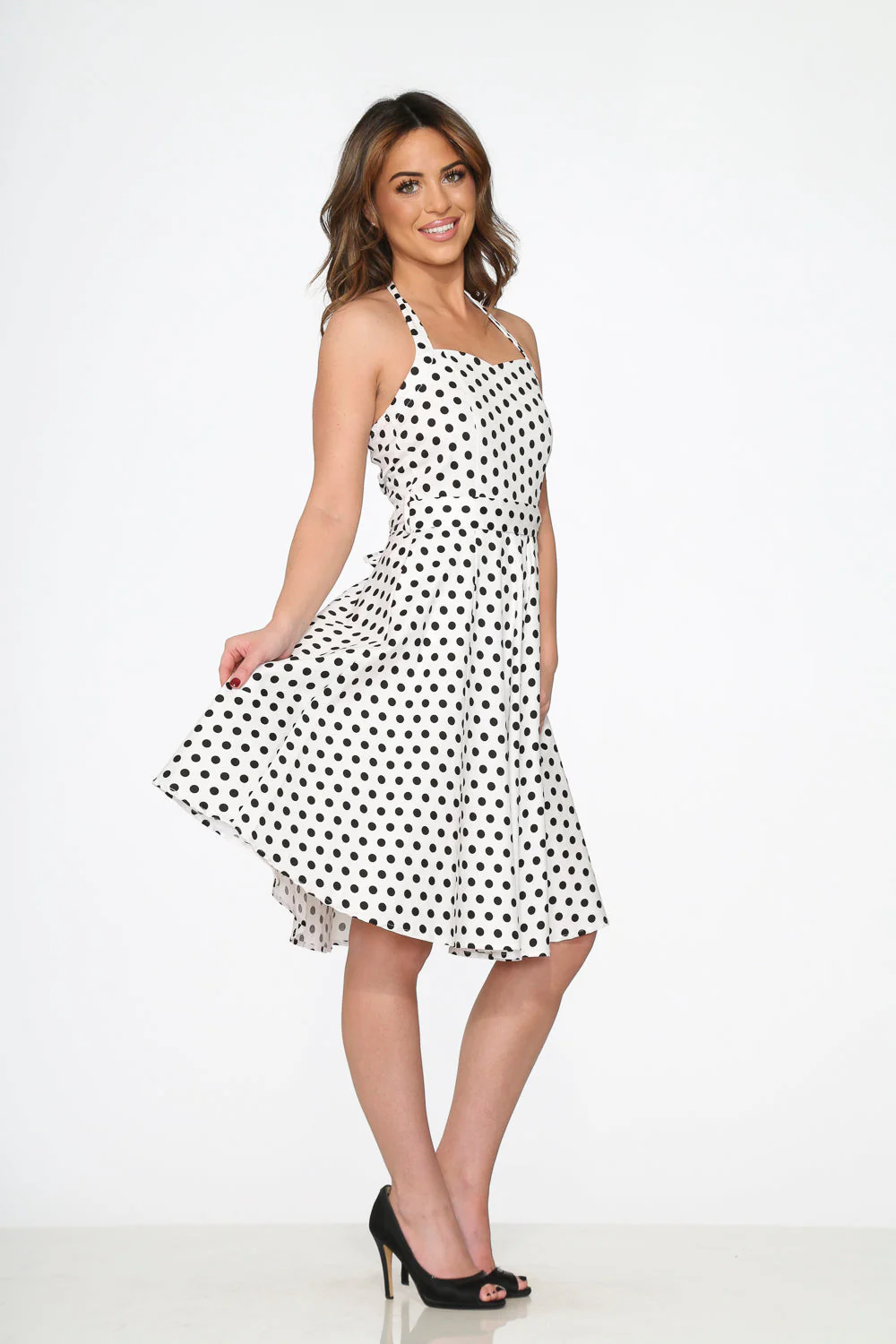 White & Black Polka Dot Halter Dress - Olabens