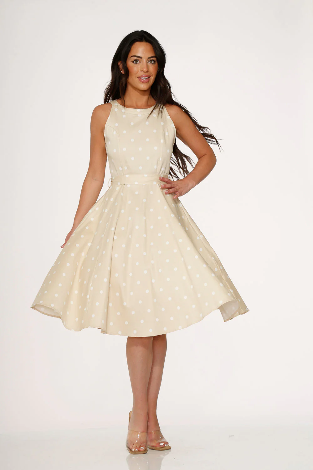 Beige & White Polka Dot Swing Dress - Olabens