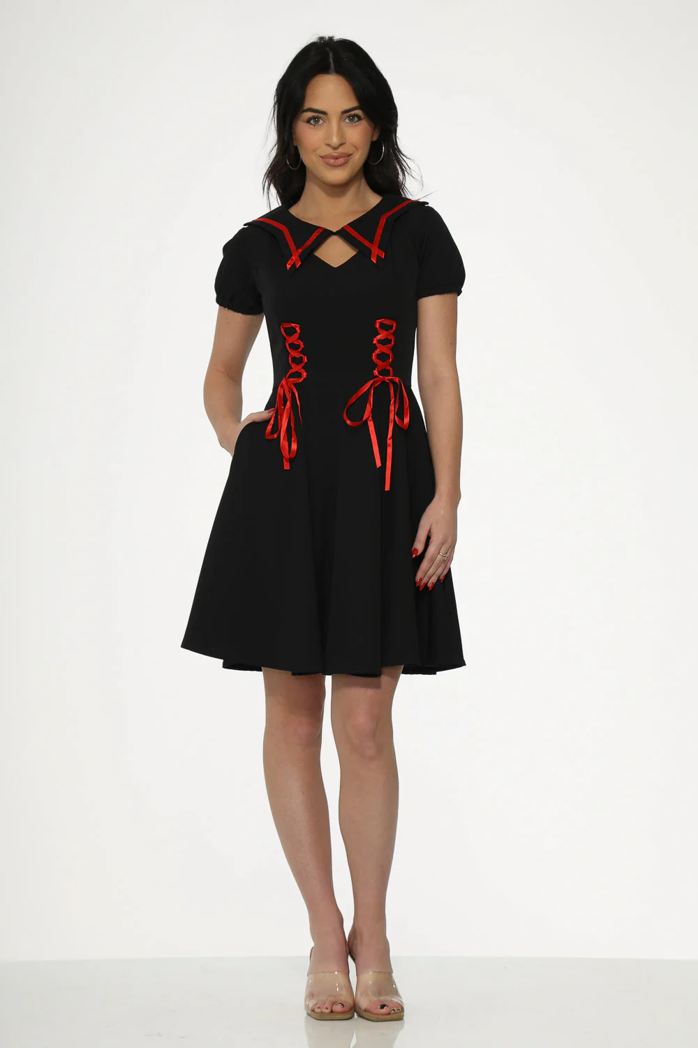 Black & Red Trim Gothic Swing Dress - Olabens