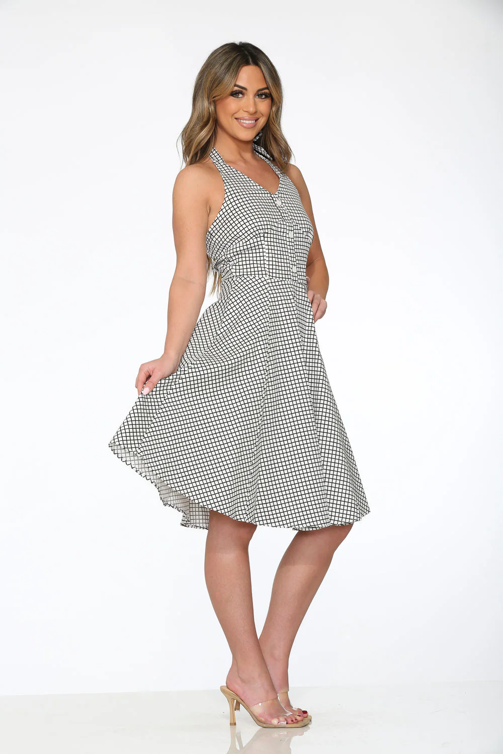 White & Black Checkmate Halter Swing Dress - Olabens