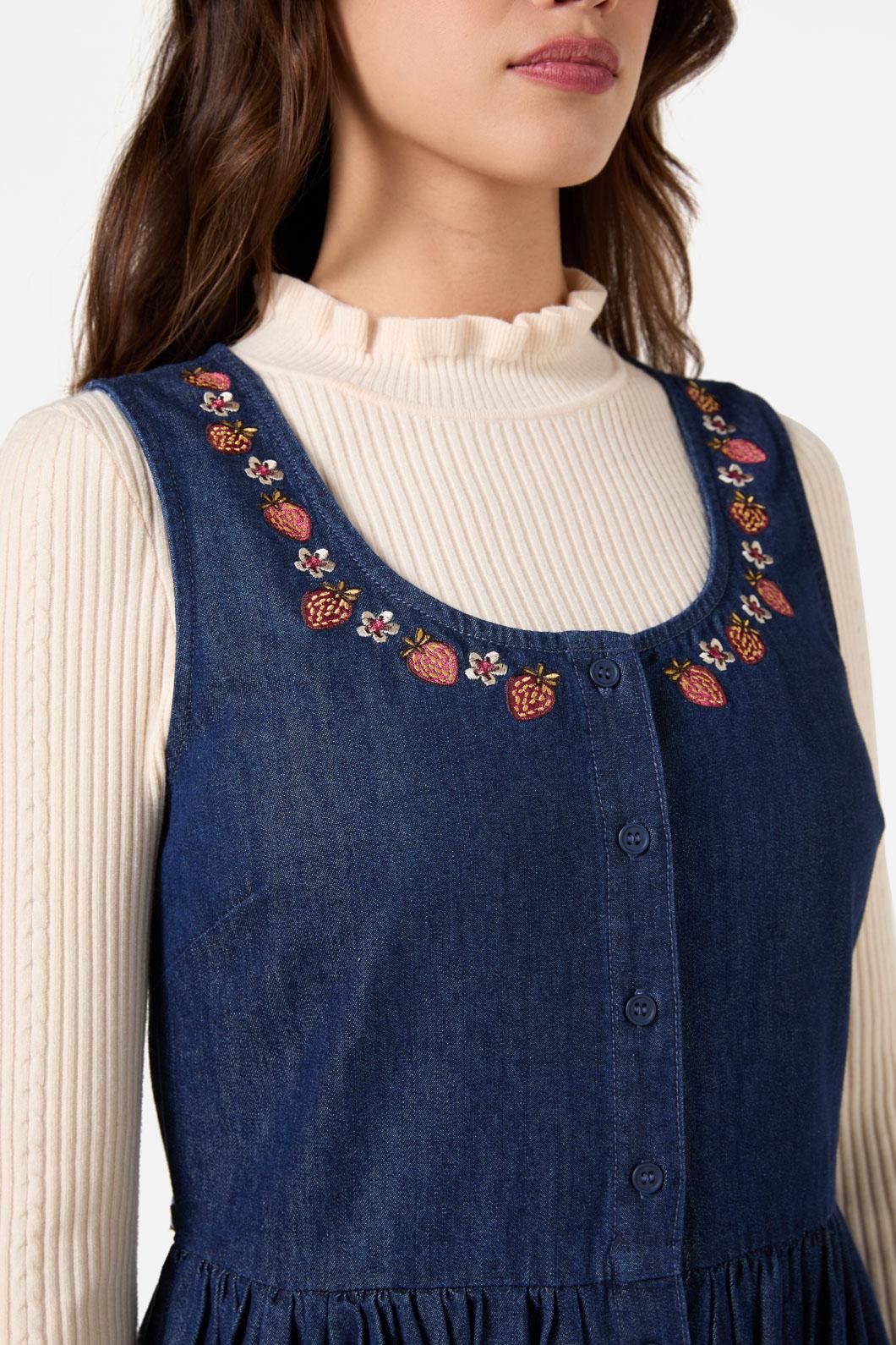 Rabbit Embroidered Denim Dress - Olabens