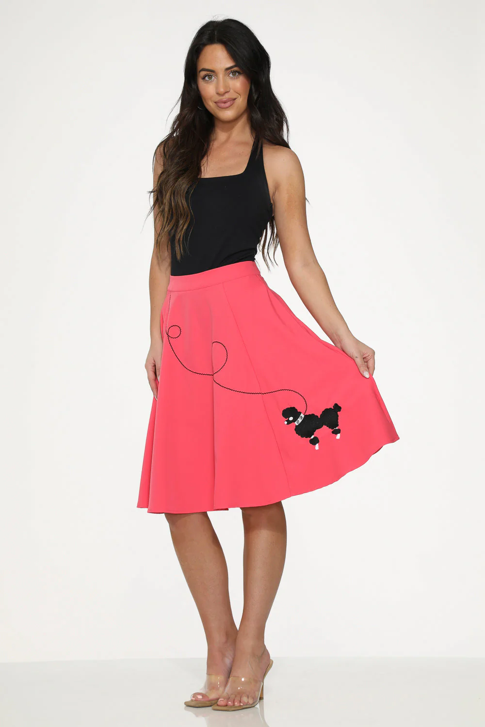 Hot Pink Black Embroidered Poodle Swing Skirt - Olabens