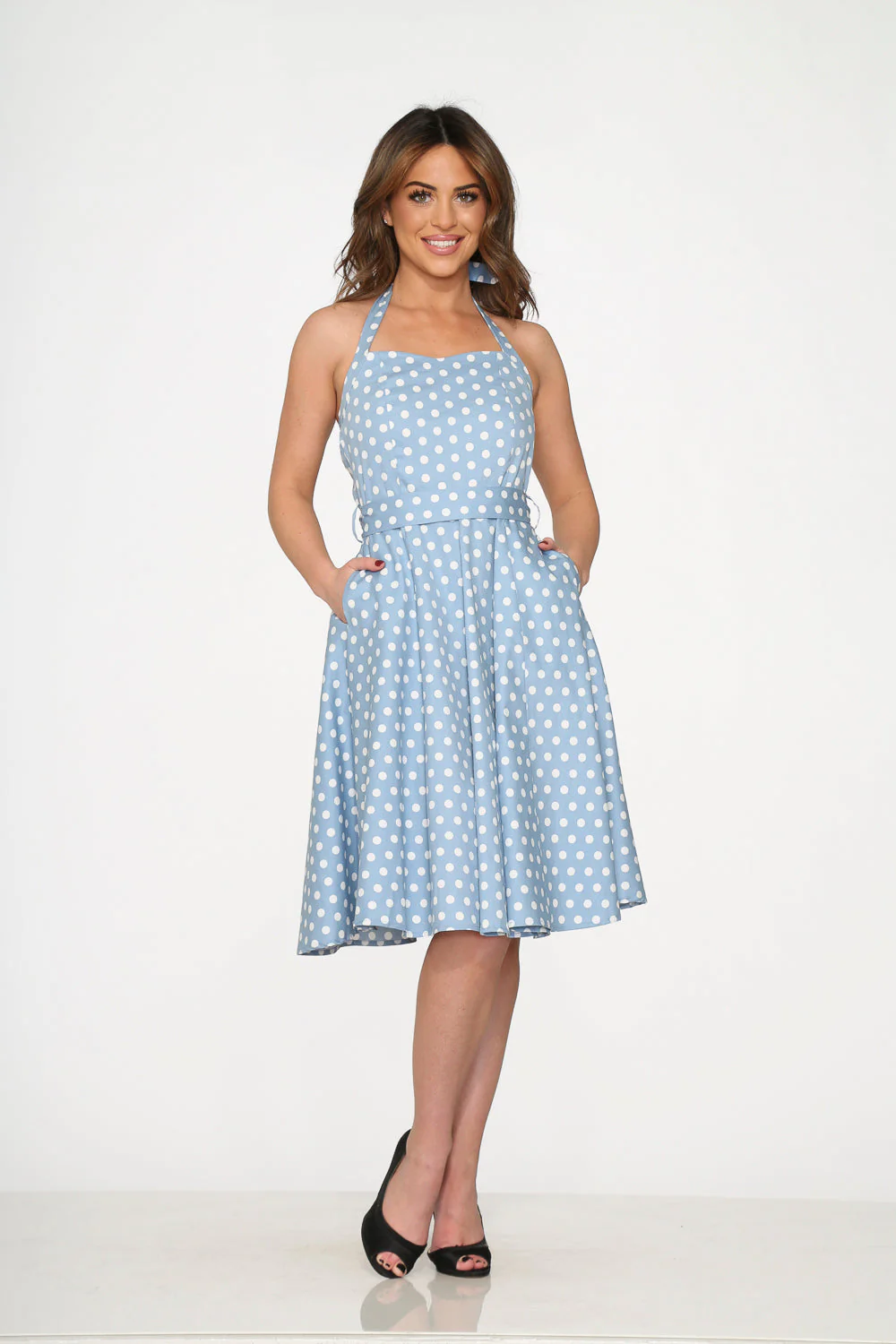 23235 Light Blue White Polka Dot Swing Dress - Olabens