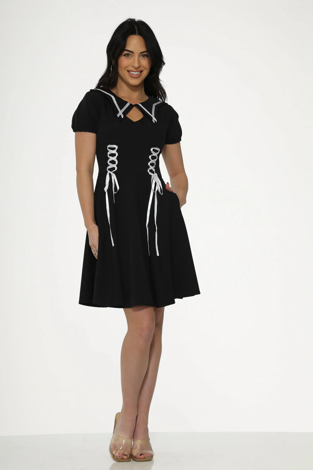 Black & White Trim Gothic Swing Dress - Olabens