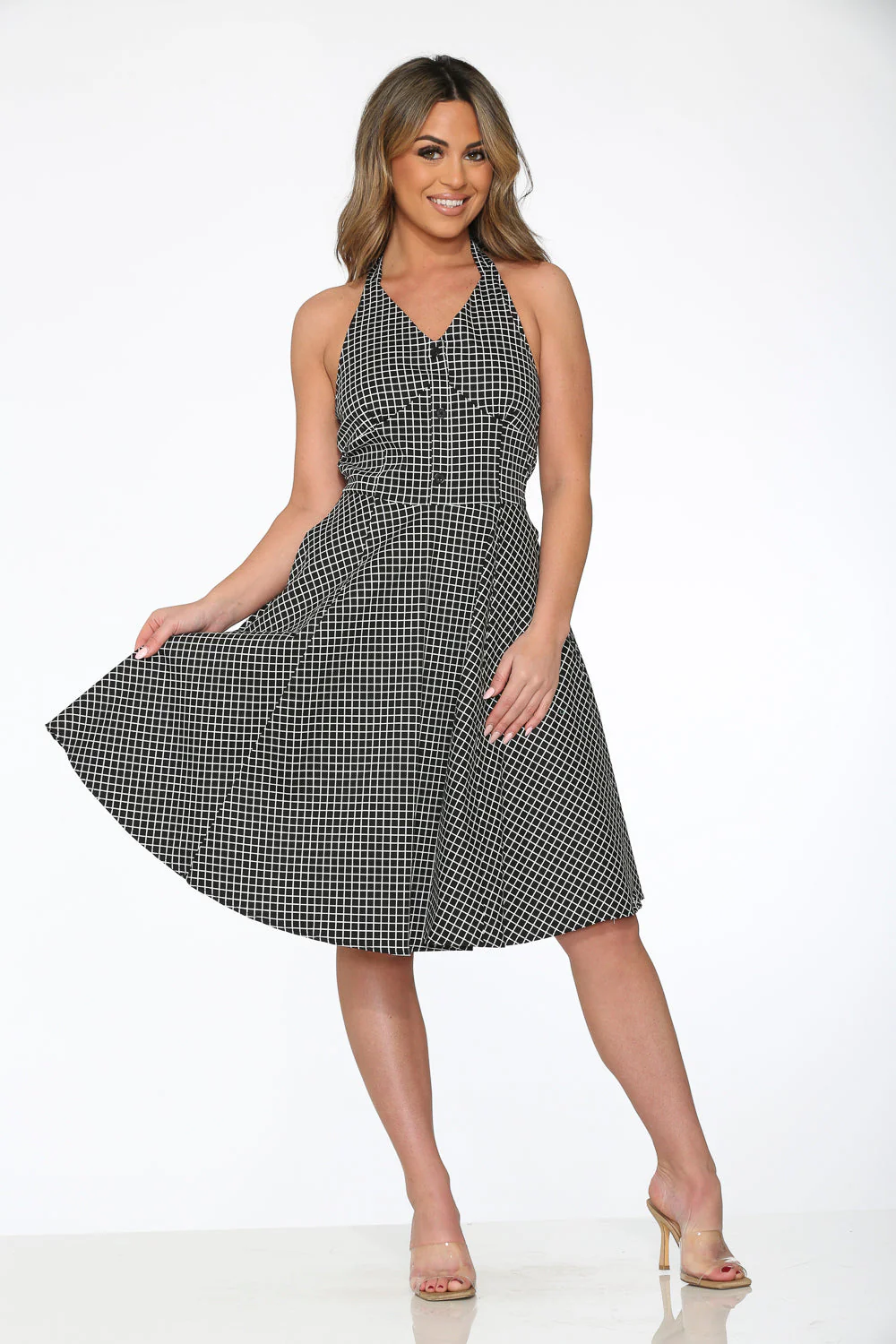 Black White Checkmate Halter Dress - Olabens