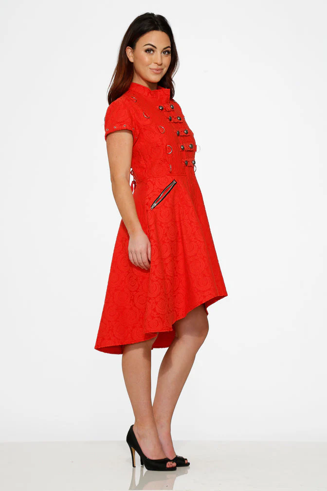 Red Jacquard Battalion Swing Dress - Olabens
