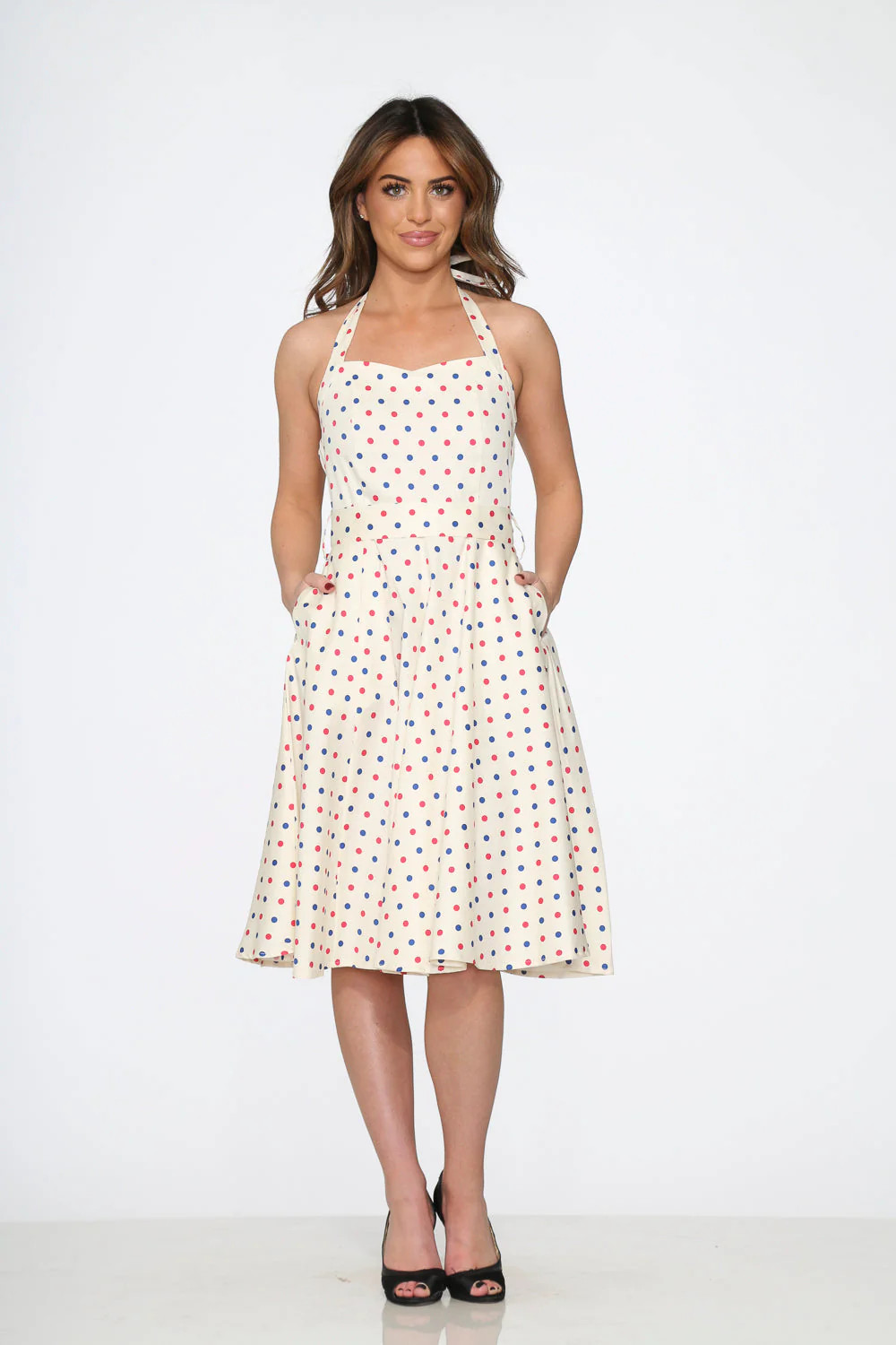 White Candy Dot Halter Swing Dress - Olabens