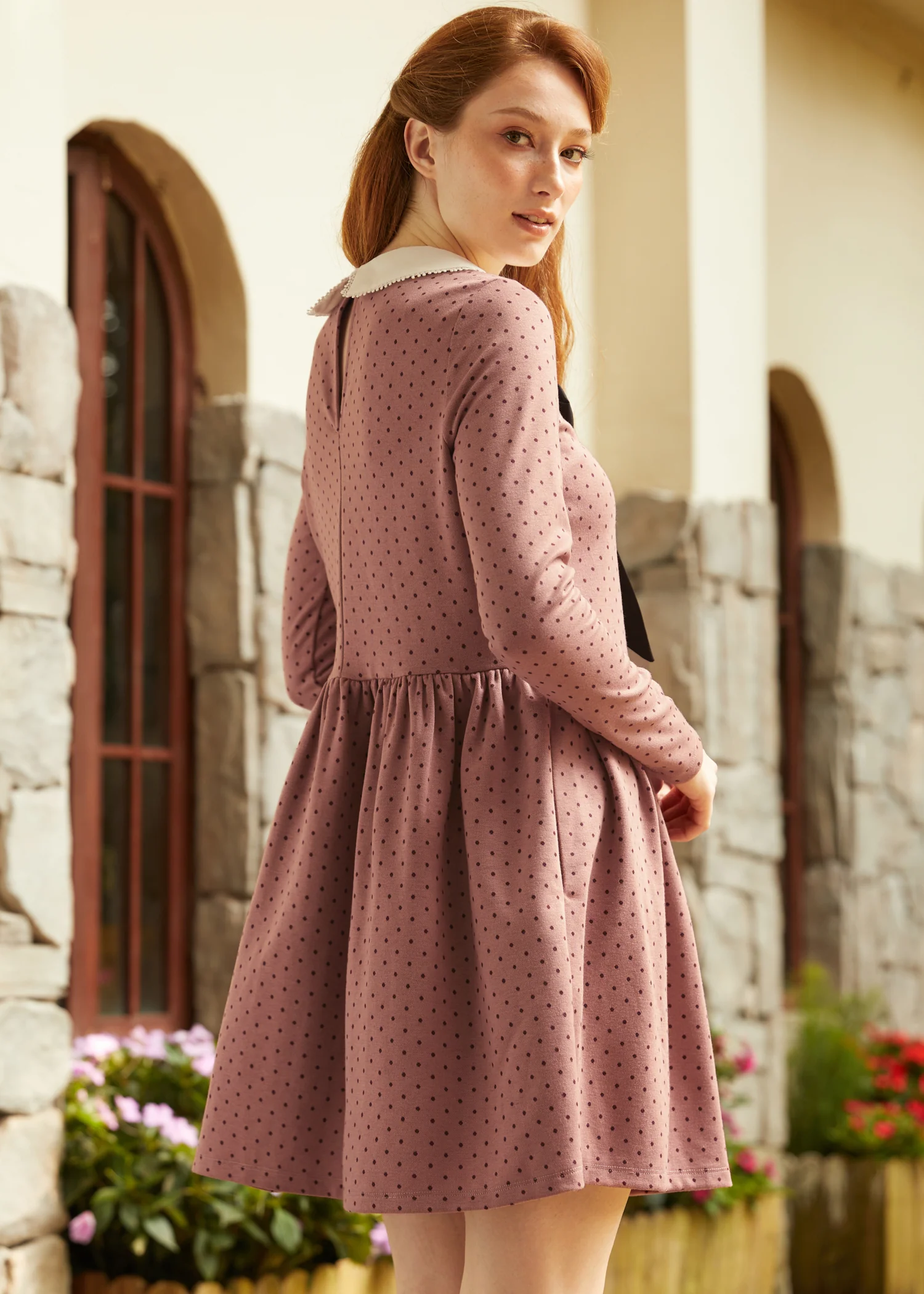 Couture Curtsy Long Sleeve Collar Dress - Olabens