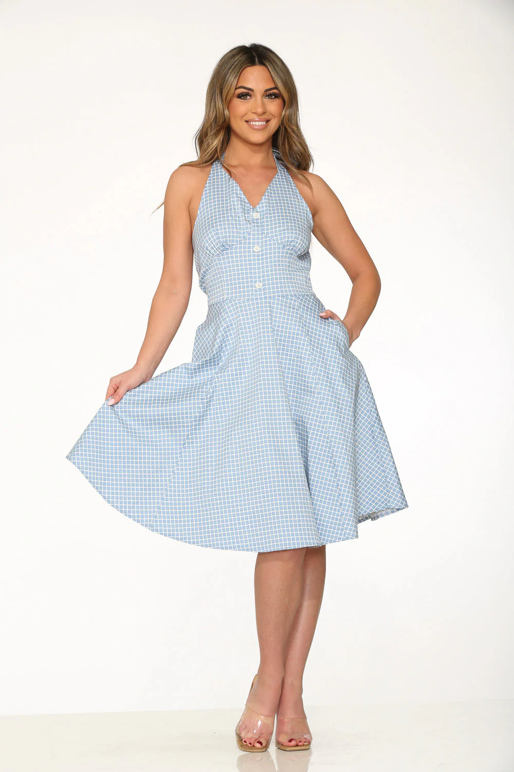 Blue White Checkmate Halter Swing Dress - Olabens