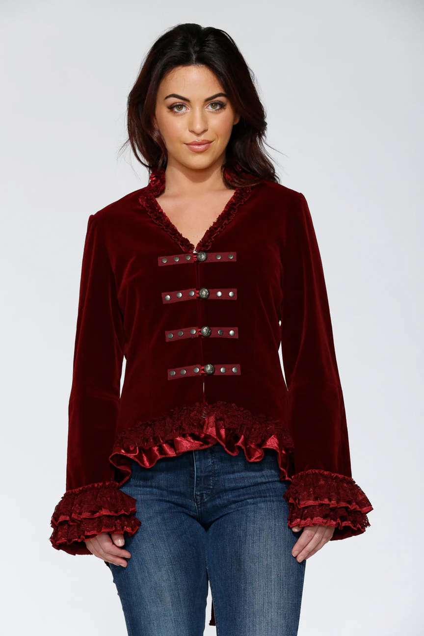 Burgundy Gloria Velvet Tailed Jacket - Olabens