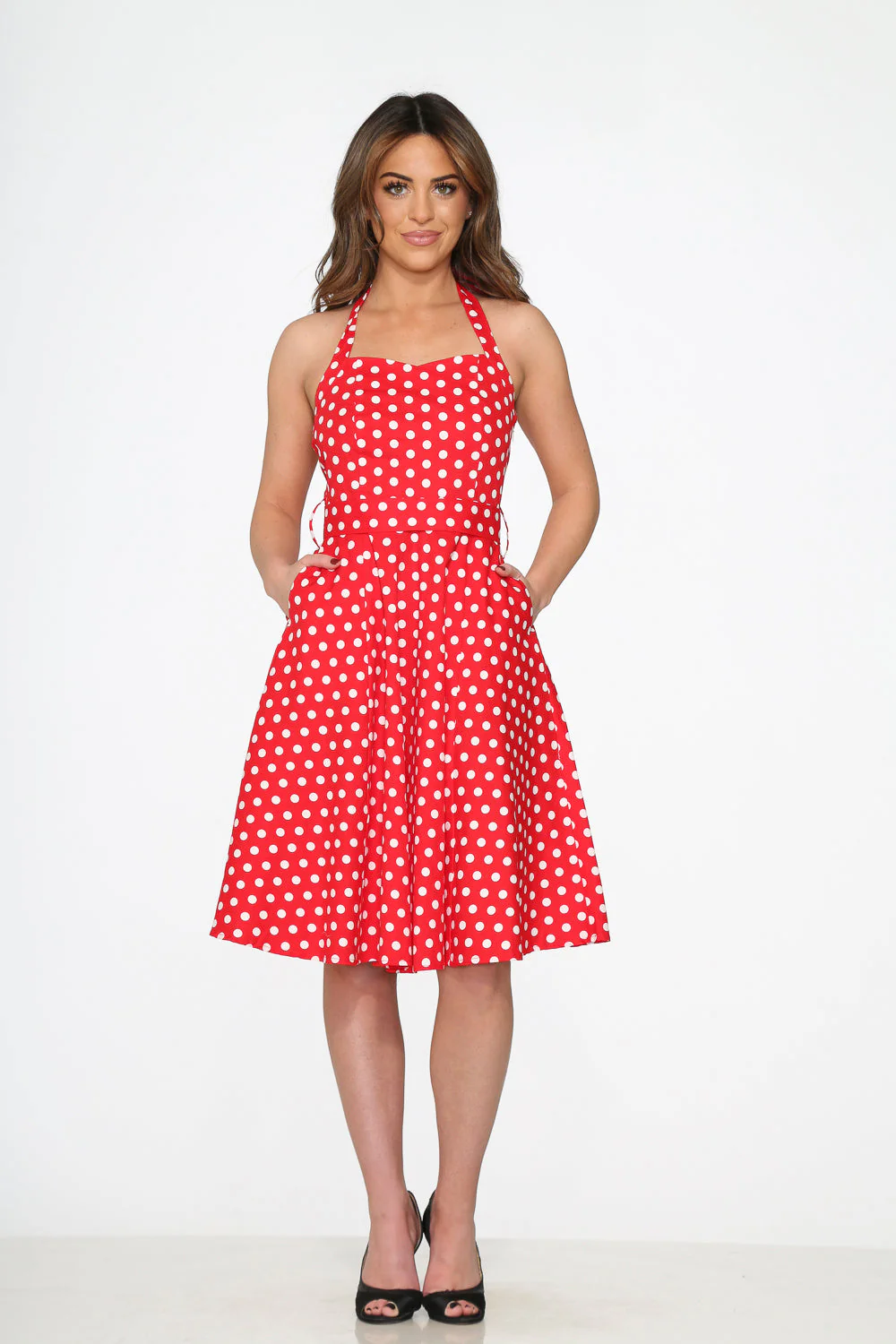 23231 Red White Polka Dot Halter Dress - Olabens