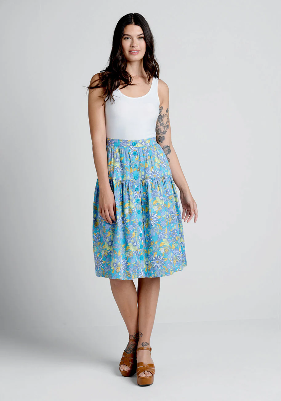 Daisies At Nightfall Tiered Midi Skirt - Olabens