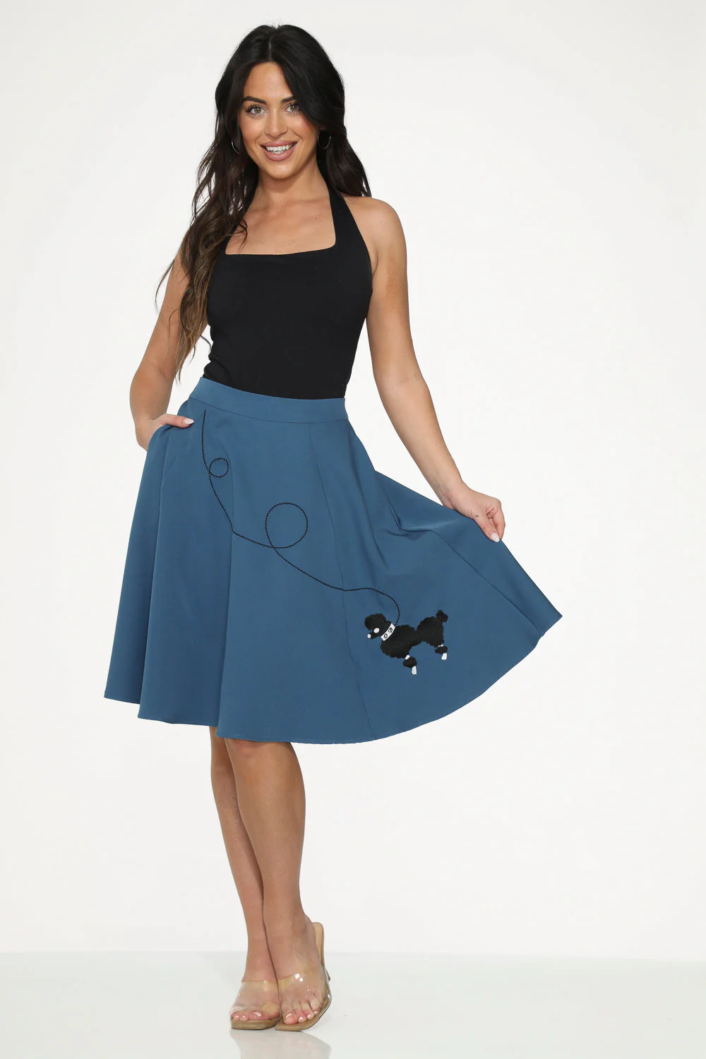 Blue Embroidered Poodle Swing Skirt - Olabens