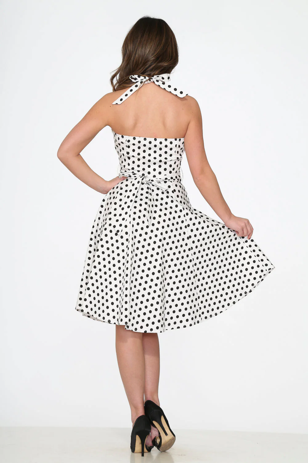 White & Black Polka Dot Halter Dress - Olabens