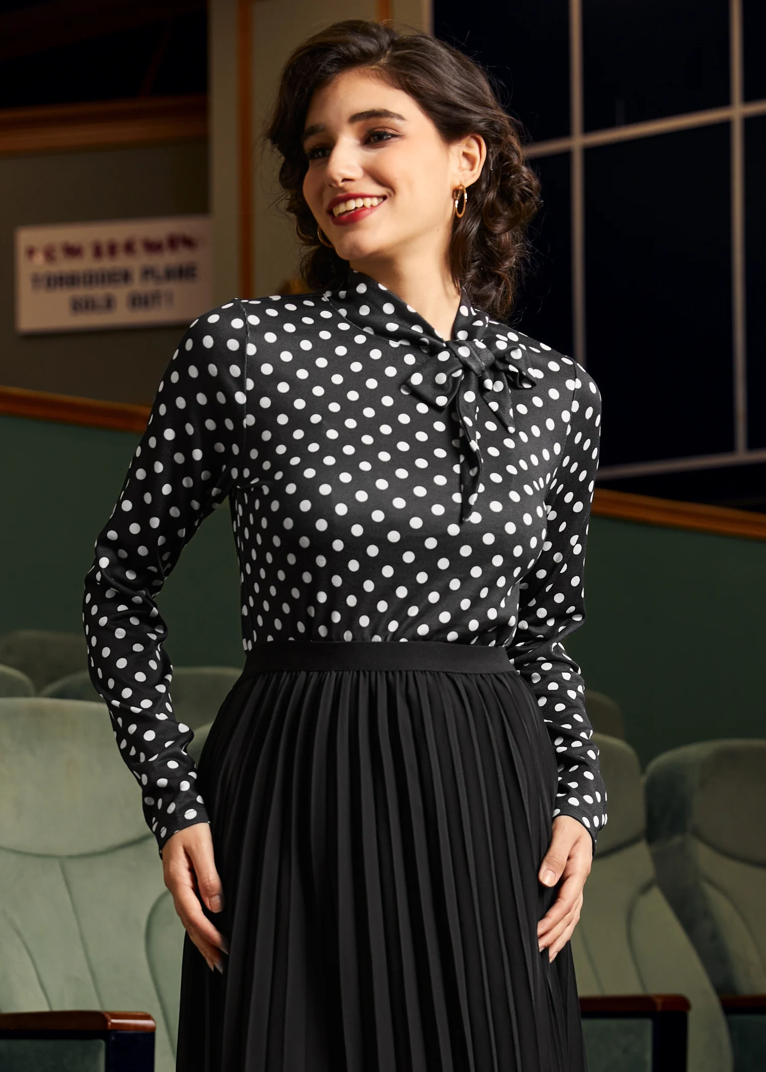 Rydell High Revisited Long Sleeve Tie-Neck Top - Olabens