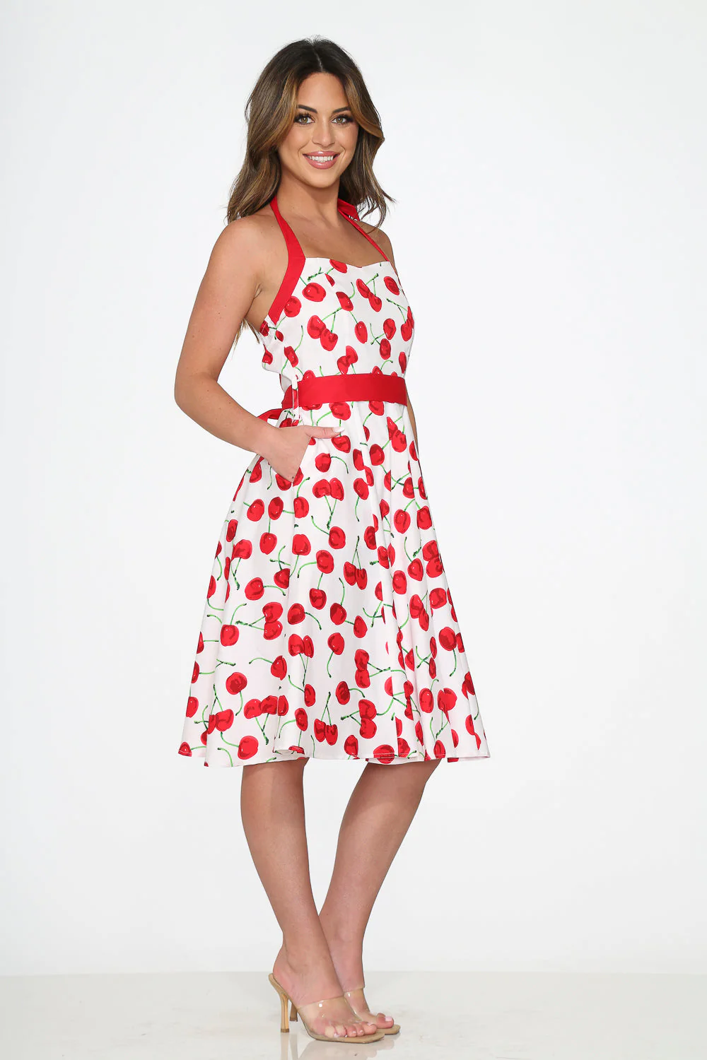 White Red Cherry Halter Swing Dress - Olabens