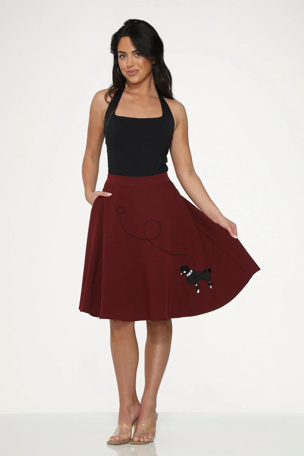 Burgundy Black Embroidered Poodle Swing Skirt - Olabens