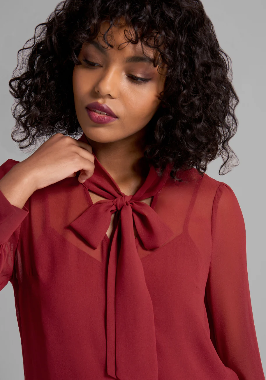 She's A Mystery Novel Tie-Neck Blouse - Olabens